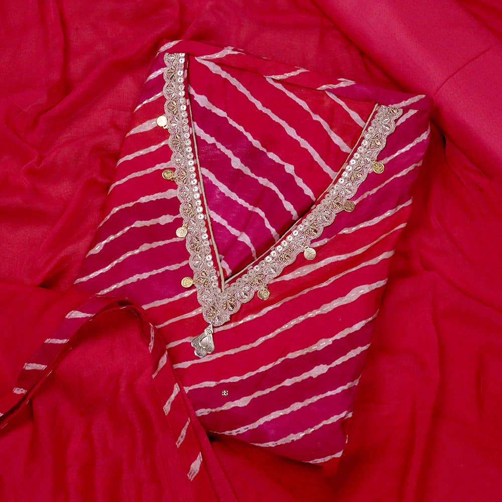 Red Leheriya Embellished Neck Work Unstitched Suit Material